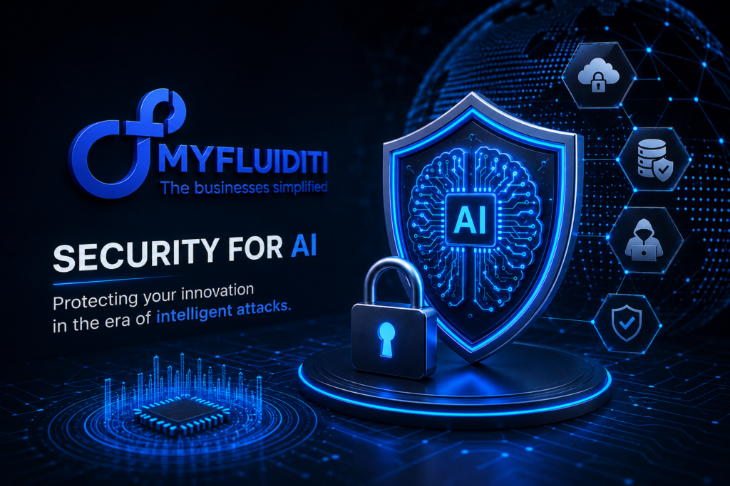 A 3D marketing graphic for MYFLUIDITI titled "SECURITY FOR AI." The image shows a large metallic security shield featuring a glowing digital brain circuit with "AI" in the center, paired with a physical padlock and global defense icons.