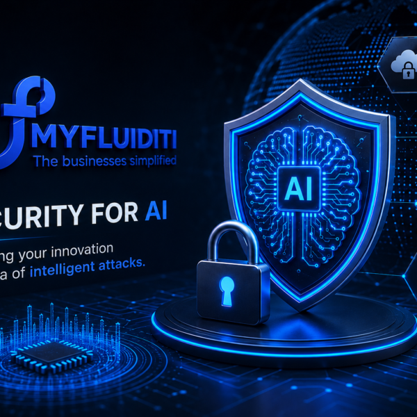 A 3D marketing graphic for MYFLUIDITI titled "SECURITY FOR AI." The image shows a large metallic security shield featuring a glowing digital brain circuit with "AI" in the center, paired with a physical padlock and global defense icons.