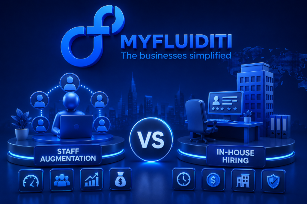 3D blue-themed illustration comparing staff augmentation and in-house hiring with MyFluiditi branding, remote developers, office workspace, and futuristic business elements.