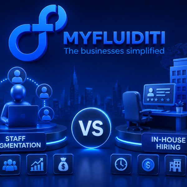 3D blue-themed illustration comparing staff augmentation and in-house hiring with MyFluiditi branding, remote developers, office workspace, and futuristic business elements.