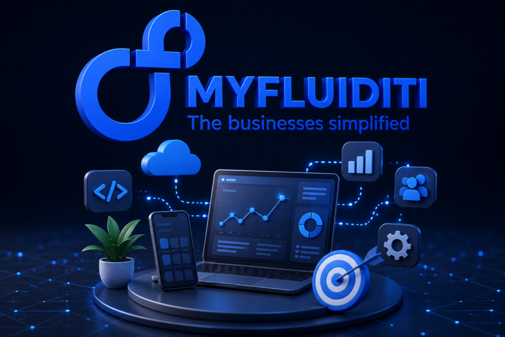 3D futuristic MyFluiditi technology illustration featuring a glowing blue logo, laptop dashboard, mobile app interface, cloud and analytics icons, and digital business elements on a dark blue background representing modern app development and scalable software solutions.