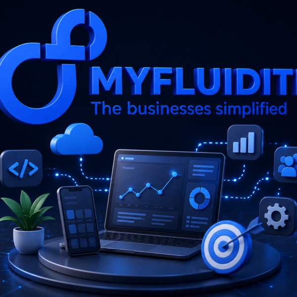 3D futuristic MyFluiditi technology illustration featuring a glowing blue logo, laptop dashboard, mobile app interface, cloud and analytics icons, and digital business elements on a dark blue background representing modern app development and scalable software solutions.