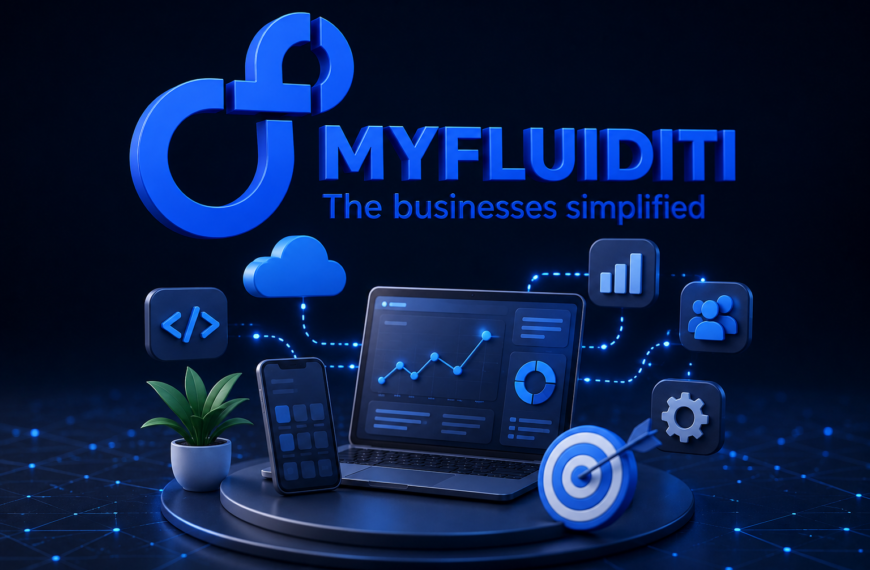 3D futuristic MyFluiditi technology illustration featuring a glowing blue logo, laptop dashboard, mobile app interface, cloud and analytics icons, and digital business elements on a dark blue background representing modern app development and scalable software solutions.