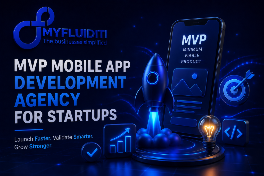 A 3D promotional graphic for "MYFLUIDITI" advertising MVP Mobile App Development Agency services for startups. The image features a blue rocket taking off from a circular platform, a large smartphone displaying the text "MVP MINIMUM VIABLE PRODUCT," and various glowing icons including a lightbulb, a bullseye target, a bar graph, and a coding symbol.