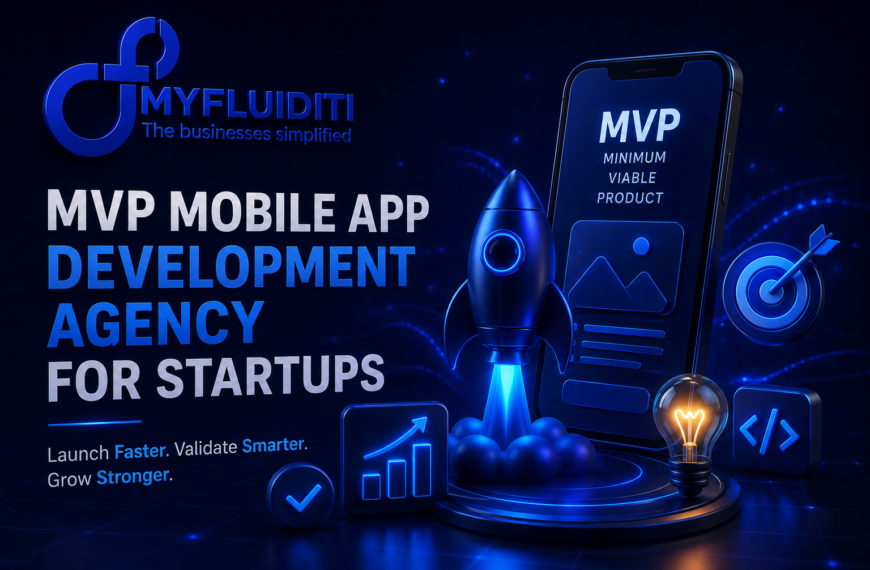 A 3D promotional graphic for "MYFLUIDITI" advertising MVP Mobile App Development Agency services for startups. The image features a blue rocket taking off from a circular platform, a large smartphone displaying the text "MVP MINIMUM VIABLE PRODUCT," and various glowing icons including a lightbulb, a bullseye target, a bar graph, and a coding symbol.
