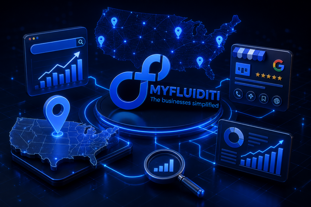 Dark-themed 3D digital scene featuring the MyFluiditi logo at the center, surrounded by glowing analytics dashboards, USA map with location pins, search interface, and interconnected data elements representing local SEO and business growth