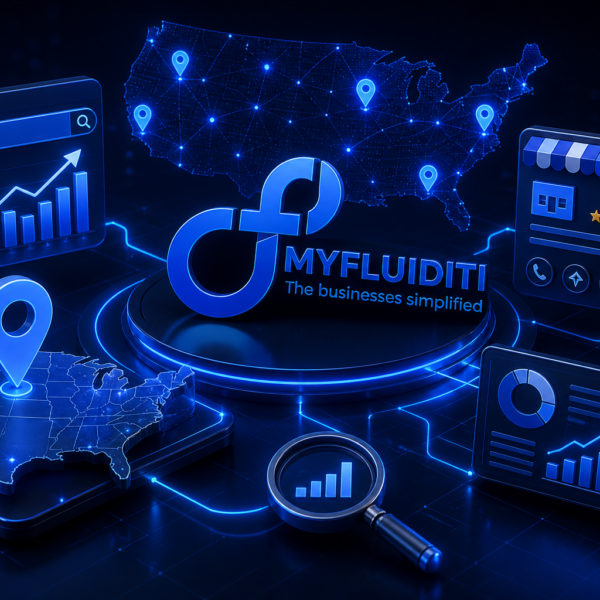 Dark-themed 3D digital scene featuring the MyFluiditi logo at the center, surrounded by glowing analytics dashboards, USA map with location pins, search interface, and interconnected data elements representing local SEO and business growth
