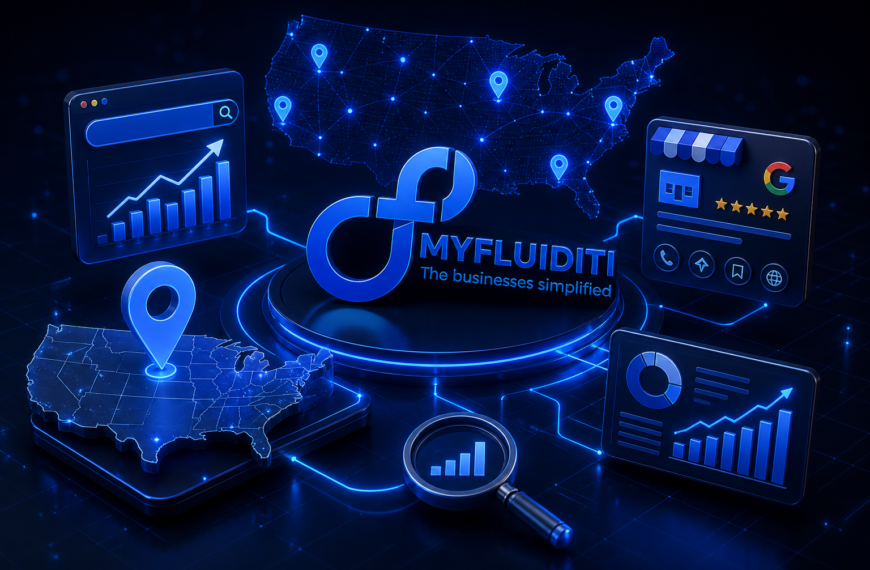 Dark-themed 3D digital scene featuring the MyFluiditi logo at the center, surrounded by glowing analytics dashboards, USA map with location pins, search interface, and interconnected data elements representing local SEO and business growth