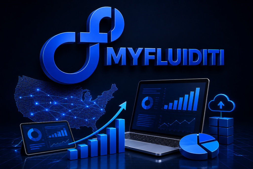 3D MyFluiditi logo with futuristic IT outsourcing and startup growth visuals, including digital dashboards, USA network map, and rising analytics charts.