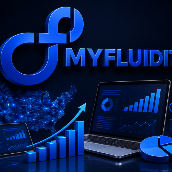 3D MyFluiditi logo with futuristic IT outsourcing and startup growth visuals, including digital dashboards, USA network map, and rising analytics charts.