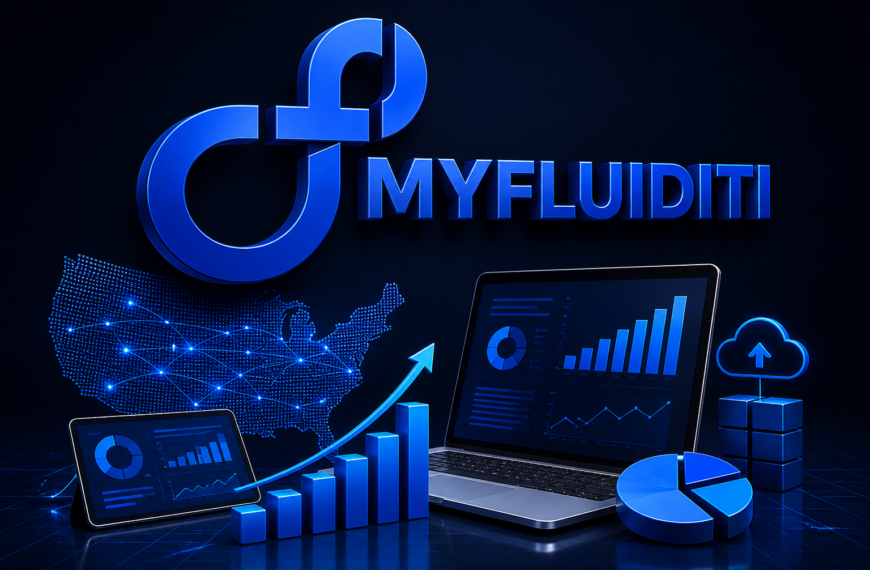 3D MyFluiditi logo with futuristic IT outsourcing and startup growth visuals, including digital dashboards, USA network map, and rising analytics charts.