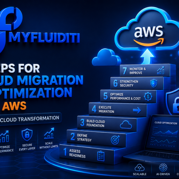 3D MyFluiditi logo with cloud migration and AWS visuals, including step-based architecture, cloud infrastructure, and optimization dashboards.