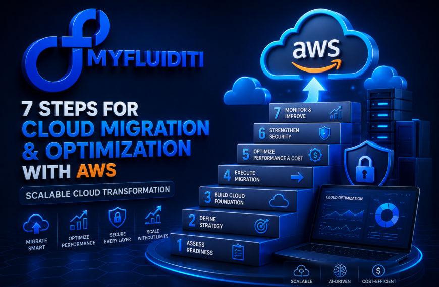 3D MyFluiditi logo with cloud migration and AWS visuals, including step-based architecture, cloud infrastructure, and optimization dashboards.