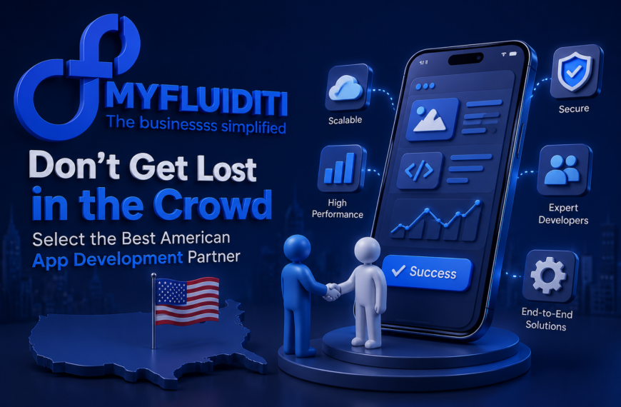 A 3D-style promotional graphic for "MYFLUIDITI," an American app development partner, featuring a blue and white theme with a smartphone, a handshake between two 3D characters, and a map of the USA.