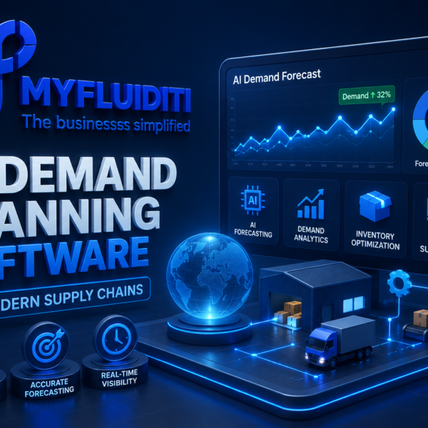 A 3D marketing graphic for MYFLUIDITI showcasing "SMART MOBILITY APP DEVELOPMENT FOR EVS." The image features a modern electric car parked next to a large smartphone displaying navigation routing, a vehicle charging station, and icons for battery monitoring.