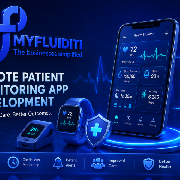 A 3D-style promotional graphic for "MYFLUIDITI" focusing on remote patient monitoring app development, featuring a blue health monitoring smartphone app interface alongside a smartwatch, a pulse oximeter, and a medical shield icon.