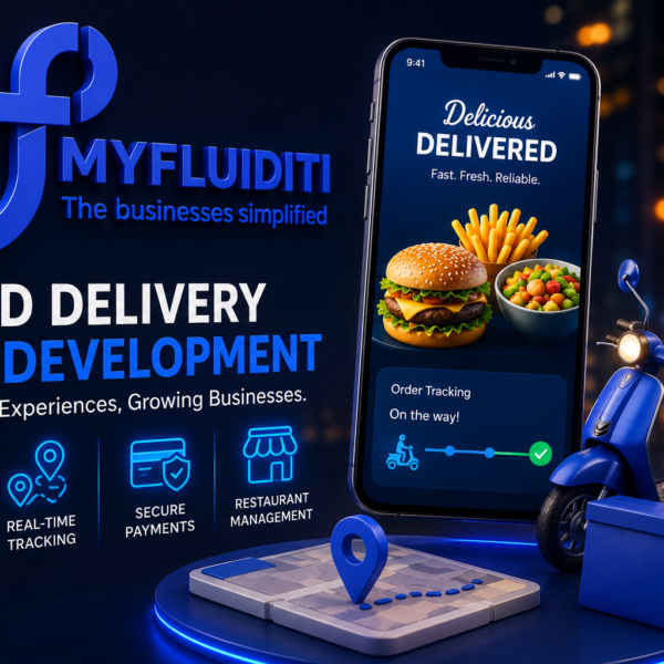 A 3D-style promotional graphic for "MYFLUIDITI" highlighting food delivery app development, featuring a smartphone displaying a burger, fries, and salad alongside a blue delivery scooter and a 3D map with a location pin.
