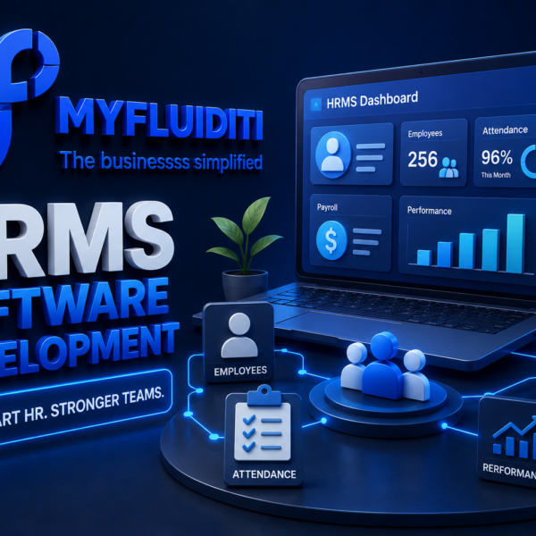 A 3D promotional graphic for MYFLUIDITI showcasing "HRMS SOFTWARE DEVELOPMENT." The image features a laptop displaying a human resource dashboard alongside interconnected icons for employees, attendance, payroll, recruitment, and performance.