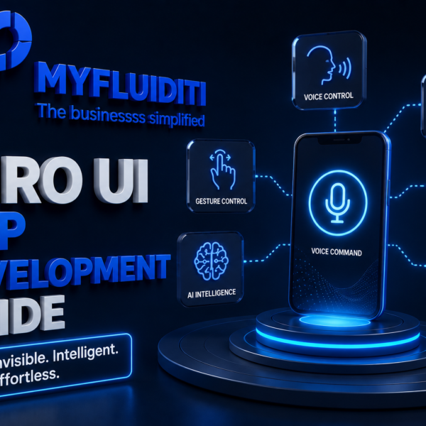 A 3D promotional graphic for MYFLUIDITI presenting a "ZERO UI APP DEVELOPMENT GUIDE." The image displays a glowing smartphone interface centered on voice commands, surrounded by holographic panels for gesture control, voice control, smart devices, automation, and AI intelligence.
