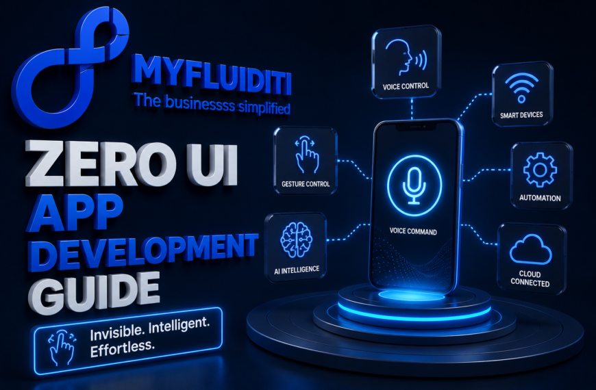 A 3D promotional graphic for MYFLUIDITI presenting a "ZERO UI APP DEVELOPMENT GUIDE." The image displays a glowing smartphone interface centered on voice commands, surrounded by holographic panels for gesture control, voice control, smart devices, automation, and AI intelligence.