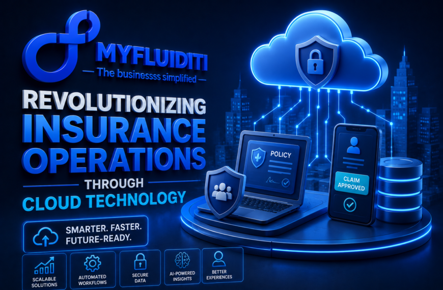 A 3D promotional graphic for MYFLUIDITI titled "REVOLUTIONIZING INSURANCE OPERATIONS THROUGH CLOUD TECHNOLOGY." The image highlights digital insurance processing with a laptop displaying a policy, a smartphone showing an approved claim, and a large glowing cloud security node overhead.