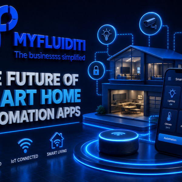 A 3D marketing graphic for MYFLUIDITI titled "THE FUTURE OF SMART HOME AUTOMATION APPS." The image features a modern smart house model connected to a central smartphone controller, a smart speaker hub, and holographic system icons.