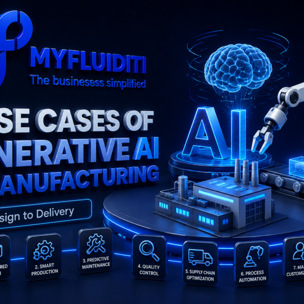 A 3D marketing graphic for MYFLUIDITI titled "8 USE CASES OF GENERATIVE AI IN MANUFACTURING." The image showcases a futuristic miniature factory model with a robotic assembly arm, a glowing holographic brain over large "AI" letters, and eight numbered utility icons at the base.