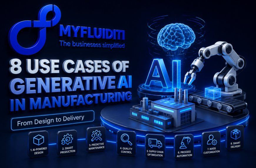 A 3D marketing graphic for MYFLUIDITI titled "8 USE CASES OF GENERATIVE AI IN MANUFACTURING." The image showcases a futuristic miniature factory model with a robotic assembly arm, a glowing holographic brain over large "AI" letters, and eight numbered utility icons at the base.
