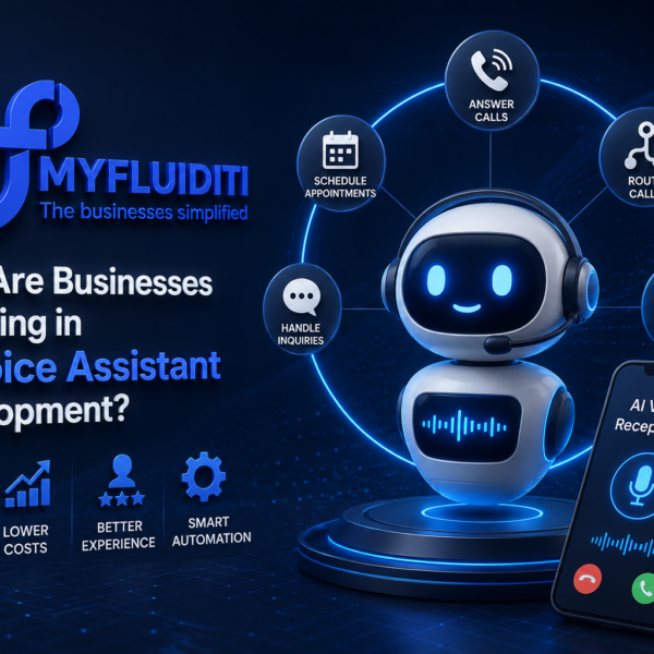 A 3D marketing graphic for MYFLUIDITI asking "Why Are Businesses Investing in AI Voice Assistant Development?" The image features a cute customer service robot wearing a headset, positioned next to a smartphone operating an AI Voice Receptionist interface.