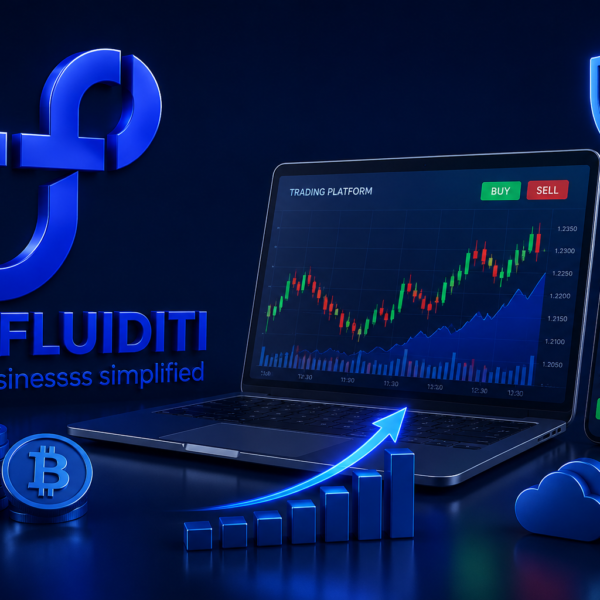 A 3D digital illustration of a financial trading ecosystem titled "MYFLUIDITI." The image features a blue infinity-style logo, a laptop and smartphone displaying stock market candlestick charts, stacked cryptocurrency coins (Bitcoin, Ethereum, Dollar), a rising bar graph with a glowing arrow, and a security shield icon, all set against a dark blue background.