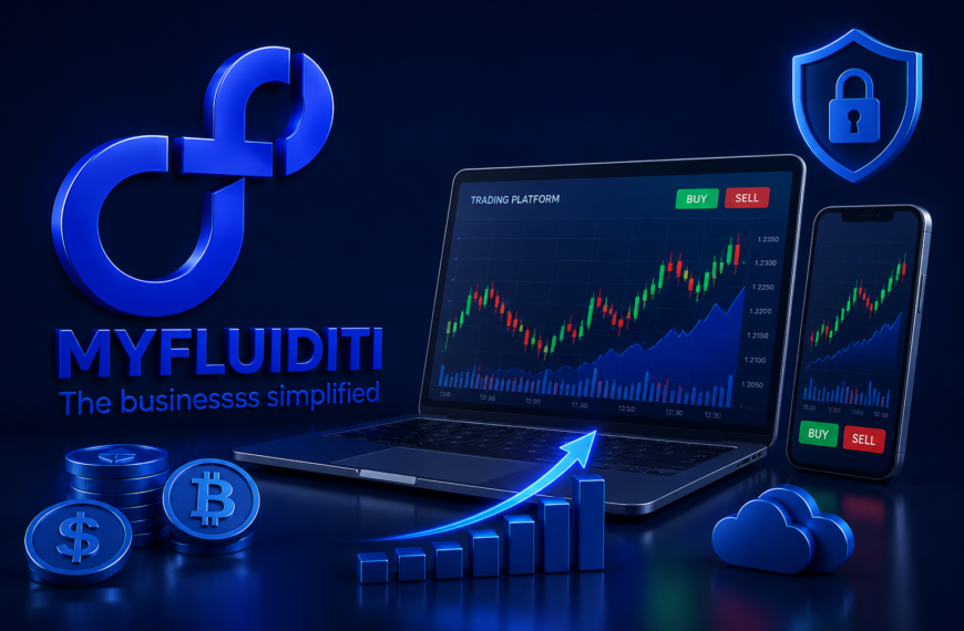 A 3D digital illustration of a financial trading ecosystem titled "MYFLUIDITI." The image features a blue infinity-style logo, a laptop and smartphone displaying stock market candlestick charts, stacked cryptocurrency coins (Bitcoin, Ethereum, Dollar), a rising bar graph with a glowing arrow, and a security shield icon, all set against a dark blue background.