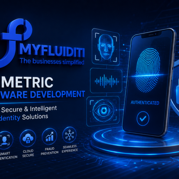 A 3D marketing graphic for MYFLUIDITI titled "BIOMETRIC SOFTWARE DEVELOPMENT." The image features a smartphone screen displaying a successful fingerprint verification message labeled "AUTHENTICATED," accompanied by a large protective shield with a padlock and holographic biometric scan frames.