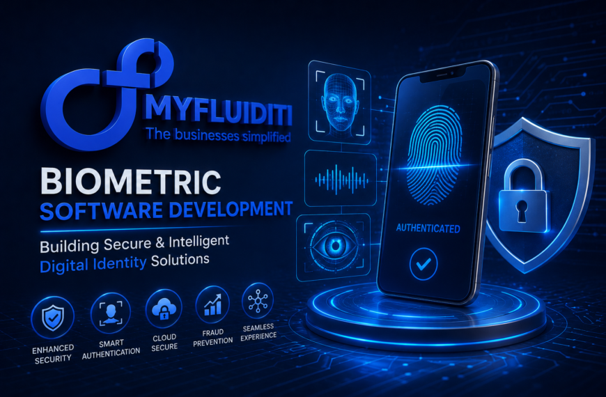 A 3D marketing graphic for MYFLUIDITI titled "BIOMETRIC SOFTWARE DEVELOPMENT." The image features a smartphone screen displaying a successful fingerprint verification message labeled "AUTHENTICATED," accompanied by a large protective shield with a padlock and holographic biometric scan frames.