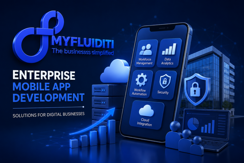 A professional 3D promotional graphic for "MYFLUIDITI" focused on Enterprise Mobile App Development. The image features a large smartphone displaying icons for Workforce Management, Data Analytics, Workflow Automation, Security, and Cloud Integration. In the background, there is a modern office building, server racks, a laptop showing a pie chart, and a blue infinity-style logo.