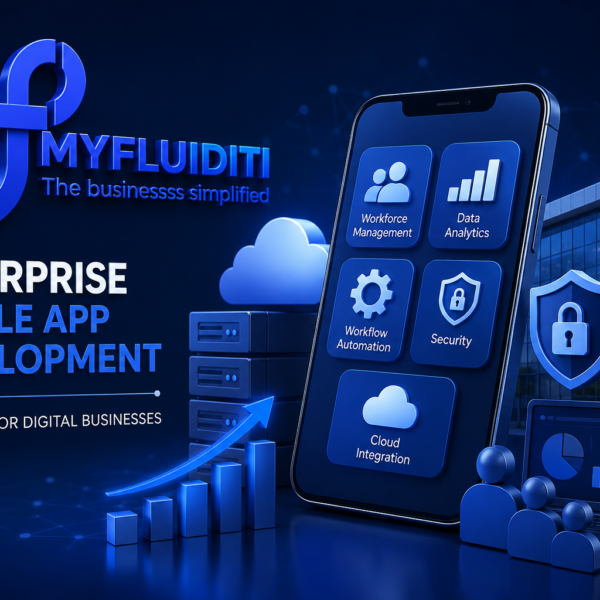 A professional 3D promotional graphic for "MYFLUIDITI" focused on Enterprise Mobile App Development. The image features a large smartphone displaying icons for Workforce Management, Data Analytics, Workflow Automation, Security, and Cloud Integration. In the background, there is a modern office building, server racks, a laptop showing a pie chart, and a blue infinity-style logo.