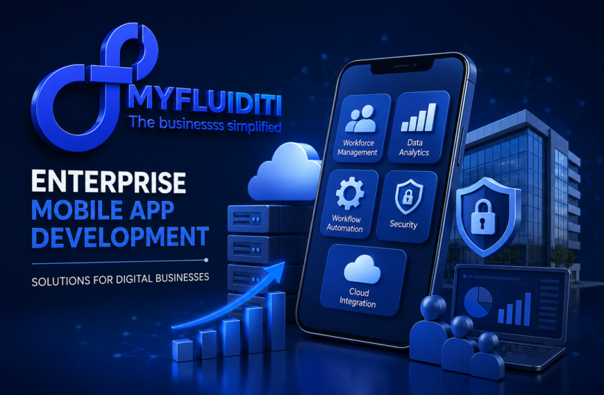 A professional 3D promotional graphic for "MYFLUIDITI" focused on Enterprise Mobile App Development. The image features a large smartphone displaying icons for Workforce Management, Data Analytics, Workflow Automation, Security, and Cloud Integration. In the background, there is a modern office building, server racks, a laptop showing a pie chart, and a blue infinity-style logo.