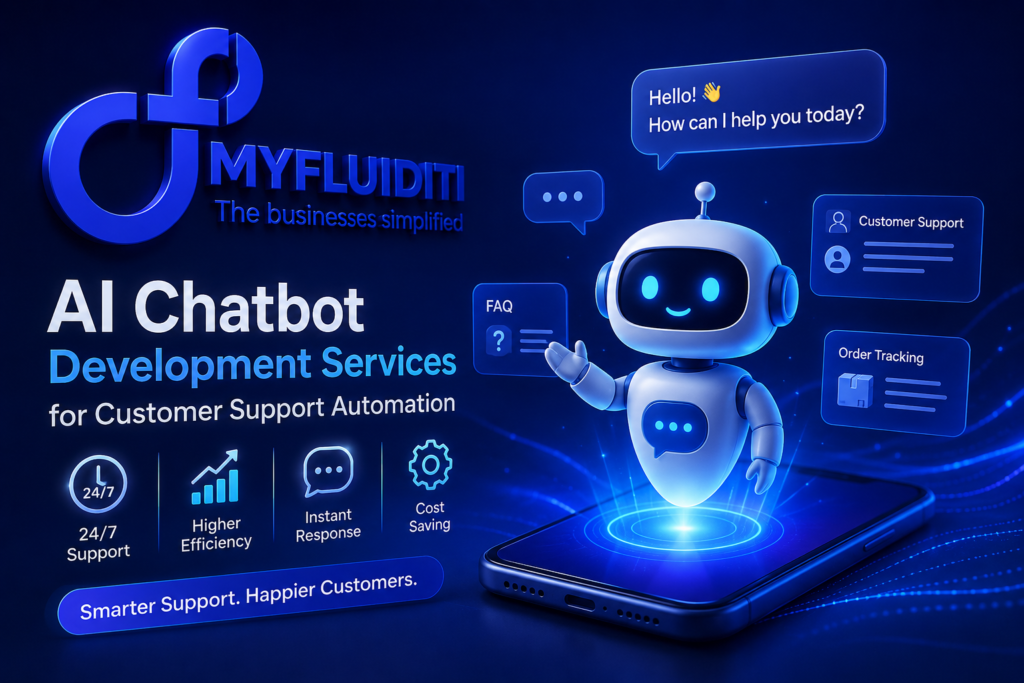 A 3D marketing graphic for "MYFLUIDITI" advertising AI Chatbot Development Services. The image features a friendly white robot character emerging from a glowing smartphone screen. Speech bubbles show automated greetings, and floating icons represent FAQ, Customer Support, and Order Tracking. Four feature icons at the bottom highlight 24/7 Support, Higher Efficiency, Instant Response, and Cost Saving.