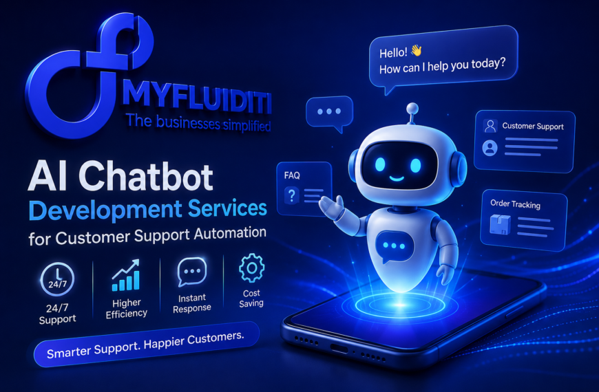A 3D marketing graphic for "MYFLUIDITI" advertising AI Chatbot Development Services. The image features a friendly white robot character emerging from a glowing smartphone screen. Speech bubbles show automated greetings, and floating icons represent FAQ, Customer Support, and Order Tracking. Four feature icons at the bottom highlight 24/7 Support, Higher Efficiency, Instant Response, and Cost Saving.