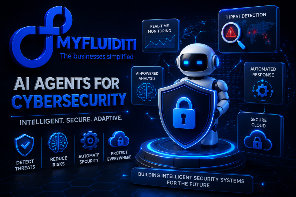 A 3D graphic for MYFLUIDITI showing a security robot holding a glowing shield amidst holographic panels for threat detection and cloud security. This futuristic scene emphasizes intelligent, automated cybersecurity solutions for digital businesses.