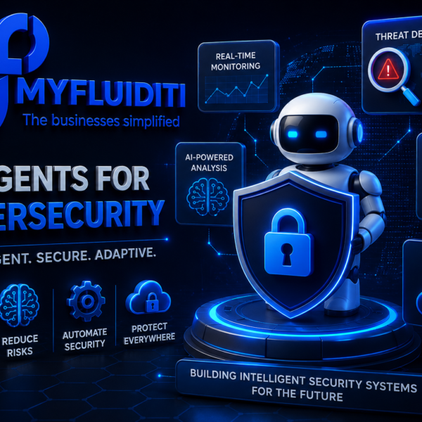 A 3D graphic for MYFLUIDITI showing a security robot holding a glowing shield amidst holographic panels for threat detection and cloud security. This futuristic scene emphasizes intelligent, automated cybersecurity solutions for digital businesses.