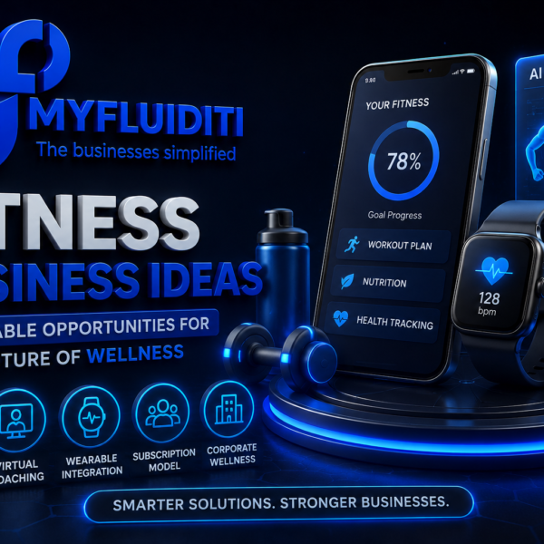 A 3D promotional graphic for MYFLUIDITI showcasing "FITNESS BUSINESS IDEAS" through a smartphone with a fitness dashboard, a smartwatch, and a holographic AI coach. The dark blue tech theme highlights modern wellness opportunities like wearable integration and virtual coaching.