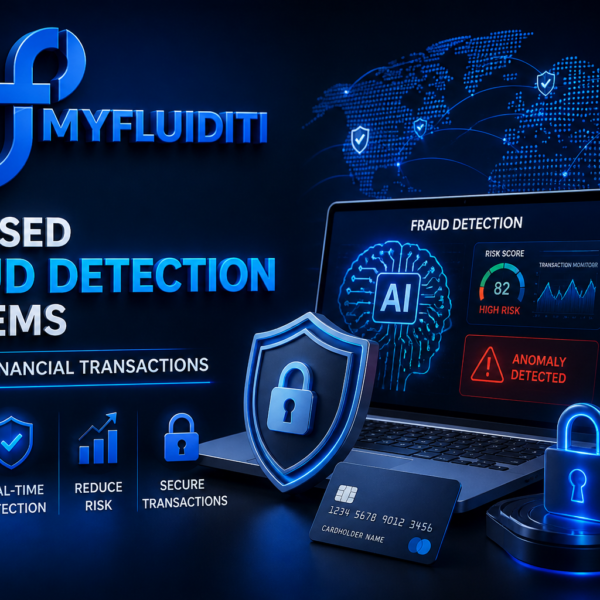 3D MyFluiditi logo with AI-based fraud detection visuals, including secure payment icons, digital dashboard, and cybersecurity elements.