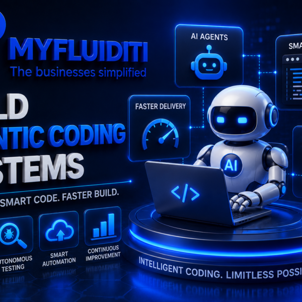 A 3D digital illustration for MYFLUIDITI showcasing a small robot coding on a laptop to "Build Agentic Coding Systems." The blue-themed graphic features floating panels for AI agents, smart code, and autonomous development to represent faster software delivery.