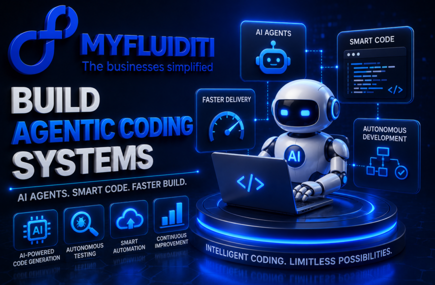 A 3D digital illustration for MYFLUIDITI showcasing a small robot coding on a laptop to "Build Agentic Coding Systems." The blue-themed graphic features floating panels for AI agents, smart code, and autonomous development to represent faster software delivery.