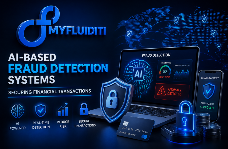 3D MyFluiditi logo with AI-based fraud detection visuals, including secure payment icons, digital dashboard, and cybersecurity elements.