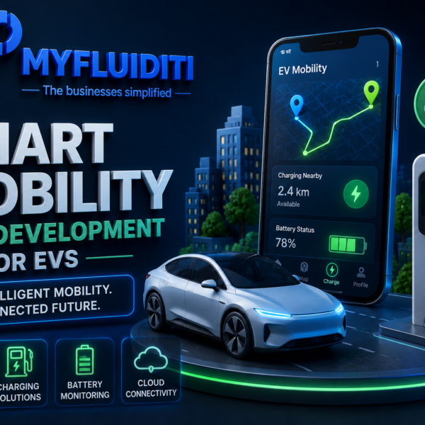 A 3D promotional graphic for MYFLUIDITI showcasing "AI DEMAND PLANNING SOFTWARE." The image features a large dashboard showing analytics and demand trends alongside a model warehouse, a cargo truck, a glowing globe, and supply chain optimization icons.