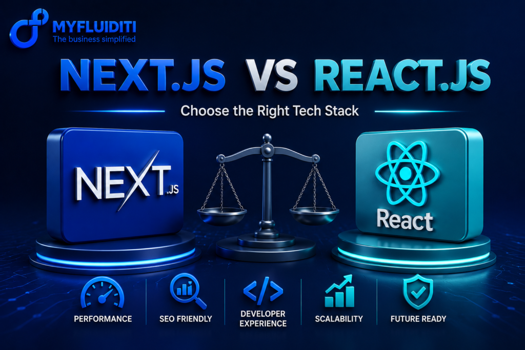 A 3D promotional graphic for MYFLUIDITI titled "NEXT.JS VS REACT.JS: Choose the Right Tech Stack." The image features a balanced scale of justice standing between a dark blue pedestal holding a "Next.js" block and a teal pedestal holding a "React" atom block.