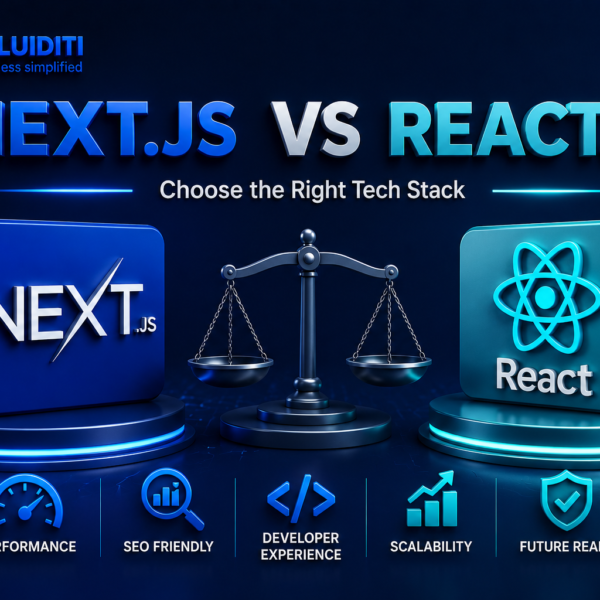 A 3D promotional graphic for MYFLUIDITI titled "NEXT.JS VS REACT.JS: Choose the Right Tech Stack." The image features a balanced scale of justice standing between a dark blue pedestal holding a "Next.js" block and a teal pedestal holding a "React" atom block.
