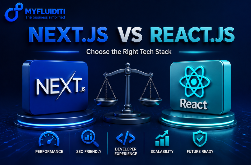 A 3D promotional graphic for MYFLUIDITI titled "NEXT.JS VS REACT.JS: Choose the Right Tech Stack." The image features a balanced scale of justice standing between a dark blue pedestal holding a "Next.js" block and a teal pedestal holding a "React" atom block.