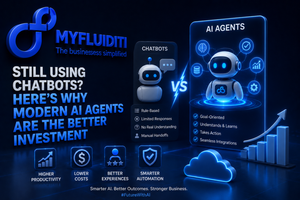 A 3D marketing graphic for MYFLUIDITI titled "STILL USING CHATBOTS? HERE’S WHY MODERN AI AGENTS ARE THE BETTER INVESTMENT." The image contrasts a simple customer service chatbot with an advanced AI agent character that stands inside a holographic interface surrounded by tool integration nodes and a rising growth bar graph.
